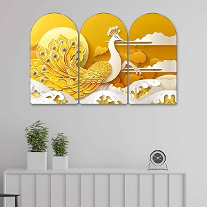 livin39luxe golden peacock arch shape wall painting set of 3  sparkle laminated hd print on mdf  elegant peacock artwork for living room bedroom home decoration 20 x 30 inch rpns-35363