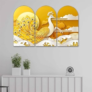 livin39luxe golden peacock arch shape wall painting set of 3  sparkle laminated hd print on mdf  elegant peacock artwork for living room bedroom home decoration 30 x 50 inch rpnl-35363
