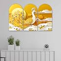 Livin'luxe Golden Peacock Arch Shape Wall Painting Set of 3 | Sparkle Laminated HD Print on MDF | Elegant Peacock Artwork for Living Room Bedroom Home Decoration (24 x 36 Inch) RPNM-35363
