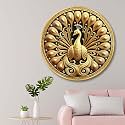 Livin'luxe Golden Peacock Round Wall Art | 3D Embossed MDF Panel with Metallic Finish | Luxurious Home &amp; Office Wall Decor | Elegant Artistic Frame for Living Room, Bedroom (16 x 16 Inch) GRM-304