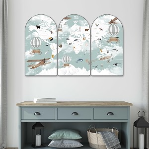livin39luxe kids world map wall art  set of 3 arch shape panels with airplanes hot air balloons amp animals  educational map poster for nursery kids room playroom wall dcor 24 x 36 inch rpnm-35393