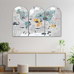 livin39luxe kids world map wall art set of 3  arch shape animal theme educational painting  cute cartoon animal world map for kids room nursery playroom classroom dcor 20 x 30 inch rpns-35388