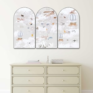 livin39luxe kids world map wall art  set of 3 arch shape panels with hot air balloons vintage airplanes amp animals  educational map for nursery kids room playroom study wall 24 x 36 inch rpnm-35394