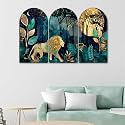 Livin'luxe Lion in Forest Arch Shape Wall Painting Set of 3 | Sparkle Laminated HD Print on MDF | Luxury Jungle Theme Artwork for Living Room Bedroom Home Decor (24 x 36 Inch) RPNM-35351