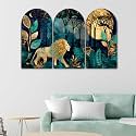 Livin'luxe Lion in Forest Arch Shape Wall Painting Set of 3 | Sparkle Laminated HD Print on MDF | Luxury Jungle Theme Artwork for Living Room Bedroom Home Decor (30 x 50 Inch) RPNL-35351