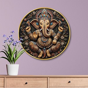livin39luxe majestic lord ganesha round wall art  3d embossed mdf panel with golden rim  divine hindu wall decor for home office  spiritual art piece for positive vibes 16 x 16 inch grm-302