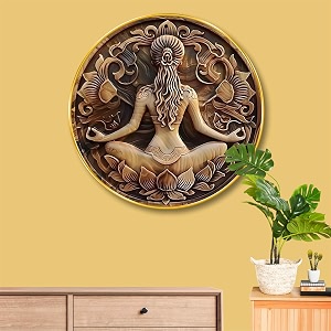 livin39luxe meditation yoga round wall art  3d embossed mdf panel with golden rim  serenity amp peace themed spiritual wall decor  zen art frame for home amp meditation space 16 x 16 inch grm-311