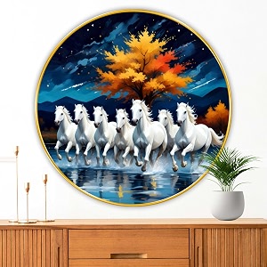 livin39luxe paintings 7 running horses modern art premium sparkle lamination golden slim frame 40 cm x 40 cm large size for homeofficehotel painting grm153