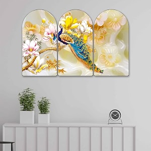 livin39luxe peacock arch shape 3 panel wall painting set  sparkle laminated hd print on mdf  floral pearl background home decor art for living room bedroom hall decoration 30 x 50 inch rpnl-35357