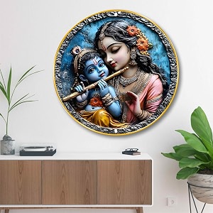 livin39luxe radha krishna round wall art  3d embossed divine mdf panel  artistic spiritual wall decor for home living room temple amp office  premium finish with golden frame 23 x 23 inch gr-298
