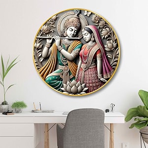 livin39luxe radha krishna round wall art  3d embossed mdf panel with golden rim  divine love theme home decor  traditional spiritual wall frame for living room bedroom 16 x 16 inch grm-308