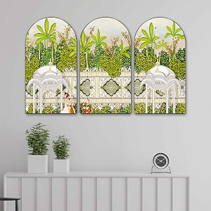 livin39luxe rajasthani mughal garden wall painting set of 3  arch shape traditional palace art panels  premium mdf frames for living room bedroom amp home dcor 24 x 36 inch rpnm-35134