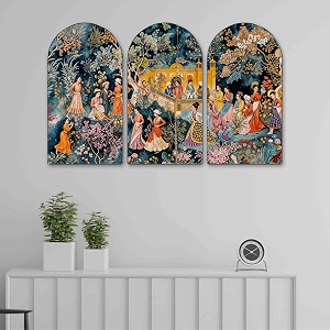 livin39luxe royal mughal garden wall painting set of 3  traditional rajasthani miniature art on mdf panels  ethnic home dcor for living room hall amp bedroom 24 x 36 inch rpnm-35303
