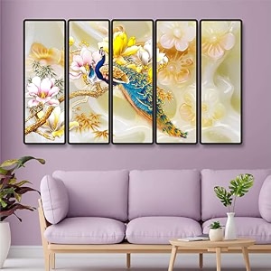 livin39luxe set of 5 peacock wall painting for living room bedroom hotels - big size stylish frame 60 inch x 30 inch wall art for home decoration sanfxl35357