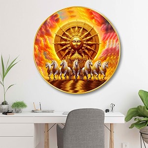 livin39luxe surya dev round wall art  3d embossed mdf panel with golden rim  divine sun god with seven horses  luxurious religious art frame for wall decoration 23 x 23 inch gr-307
