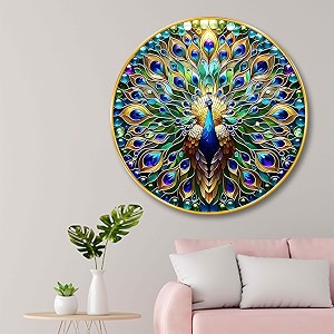 livin39luxe vibrant peacock round wall art  sparkle lamination mdf panel with golden premium pvc frame  multicolor luxury wall decor  modern art frame for home decoration and gifting 23 x 23 inch gr-305