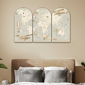 livin39luxe vintage world map wall art for kids room  set of 3 arch shape panels with airplanes amp hot air balloons  educational map artwork for nursery playroom study room 20 x 30 inch rpns-35392