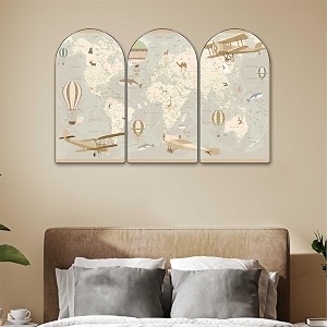 livin39luxe vintage world map wall art for kids room  set of 3 arch shape panels with airplanes amp hot air balloons  educational map artwork for nursery playroom study room 30 x 50 inch rpnl-35392