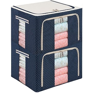 living storage boxes 66 ltr pack of 2 premium all blue polka oxford foldable cloth organizer with metal frame wardrobe organizer cloth cover nylon