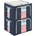 Living Storage Boxes (66 LTR, Pack of 2, Premium All Blue Polka) Oxford Foldable Cloth Organizer with Metal Frame, Wardrobe Organizer Cloth Cover (Nylon)