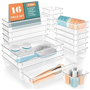 livingbasics 16 pcs unbreakable kitchen drawer organizerdrawers organisersmake up organiserdrawer divider traymakeup dresser traydressing table organiser pet plastic