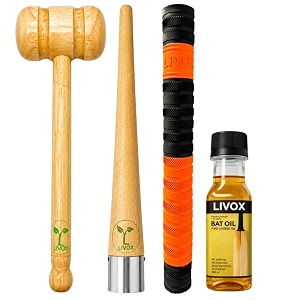 livox cricket bat double sided knocking wooden mallet with cricket bat grip and cone and linseed oil 100ml pack of 4