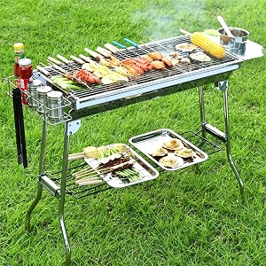 livzing barbeque grill set portable  charcoal barbeque grill set with storage shelf amp hooks  kabab maker stainless steel bbq grill for home outdoor camping picnic amp travel