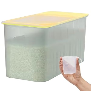 livzing rice dispenser 10-kg airtight rice storage container with measuring cup - rice basket container moisture proof organiser for cereals grains pulse amp pet food - kitchen organiser - yellow lid