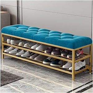 shoe rack bench organizer with mesh seat for bedroom entry window mudroom living room 2-tier fleece bench bench for entryway-gold blue