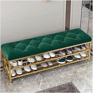 shoe rack bench organizer with mesh seat for bedroom entry window mudroom living room 2-tier fleece bench bench for entryway-gold green