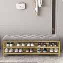 Shoe Rack Bench Organizer with Mesh Seat for Bedroom Entry Window Mudroom Living Room, 2-Tier Fleece Bench Bench for Entryway-Gold Grey