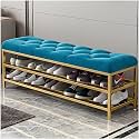 Shoe Rack Bench Organizer with Mesh Seat for Bedroom Entry Window Mudroom Living Room, 2-Tier Fleece Bench Bench for Entryway-Gold Blue