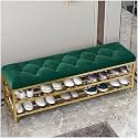 Shoe Rack Bench Organizer with Mesh Seat for Bedroom Entry Window Mudroom Living Room, 2-Tier Fleece Bench Bench for Entryway-Gold Green