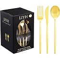 LIYH 102 Pcs Gold Plastic Silverware Disposable, Plastic Gold Utensils Heavyduty - Disposable Cutlery Includes Knives Forks and Spoons for Party, Birthday,Wedding Events