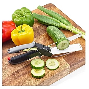 2-in-1 1810 steel smart clever cutter kitchen knife food chopper and in built mini chopping board with locking hinge with spring action stainless steel blade multicolor