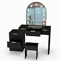 LIZEALUCKY Modern Makeup Vanity Desk with LED Mirror Lights, Glass Top Vanity Table with Storage Drawers for Bedroom, Black Finish