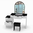 LIZEALUCKY Modern Makeup Vanity Desk with LED Mirror Lights, Glass Top Vanity Table with Storage Drawers for Bedroom (White2)