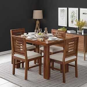 luxury solid sheesham wood 4 seater dining table set with cushioned chairs  wooden 4 seater dining table with 4 chairs  premium home furniture hotels restaurant finish color-teak