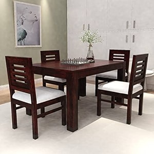 luxury solid sheesham wood 4 seater dining table set with cushioned chairs  wooden 4 seater dining table with 4 chairs  premium home furniture hotels restaurant finish color- mahogany
