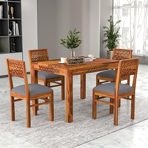 luxury solid sheesham wood 4 seater dining table set with cushioned chairs  wooden 4 seater dining table with 4 chairs  premium home furniture hotels restaurant finish color- honey-b