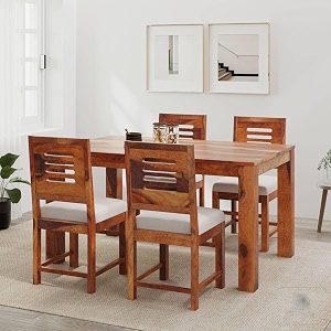 luxury solid sheesham wood 4 seater dining table set with cushioned chairs  wooden 4 seater dining table with 4 chairs  premium home furniture hotels restaurant finish color-honey