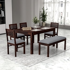 luxury solid sheesham wood 6 seater dining table set with 4 chairs amp bench  wooden 6 seater dining table set  premium home furniture hotels restaurant finish color-walnut-b