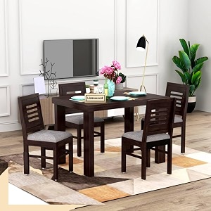 luxury solid sheesham wood 4 seater dining table set with cushioned chairs  wooden 4 seater dining table with 4 chairs  premium home furniture hotels restaurant finish color- walnut