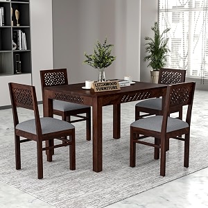 luxury solid sheesham wood 4 seater dining table set with cushioned chairs  wooden 4 seater dining table with 4 chairs  premium home furniture hotels restaurant finish color-walnut-b