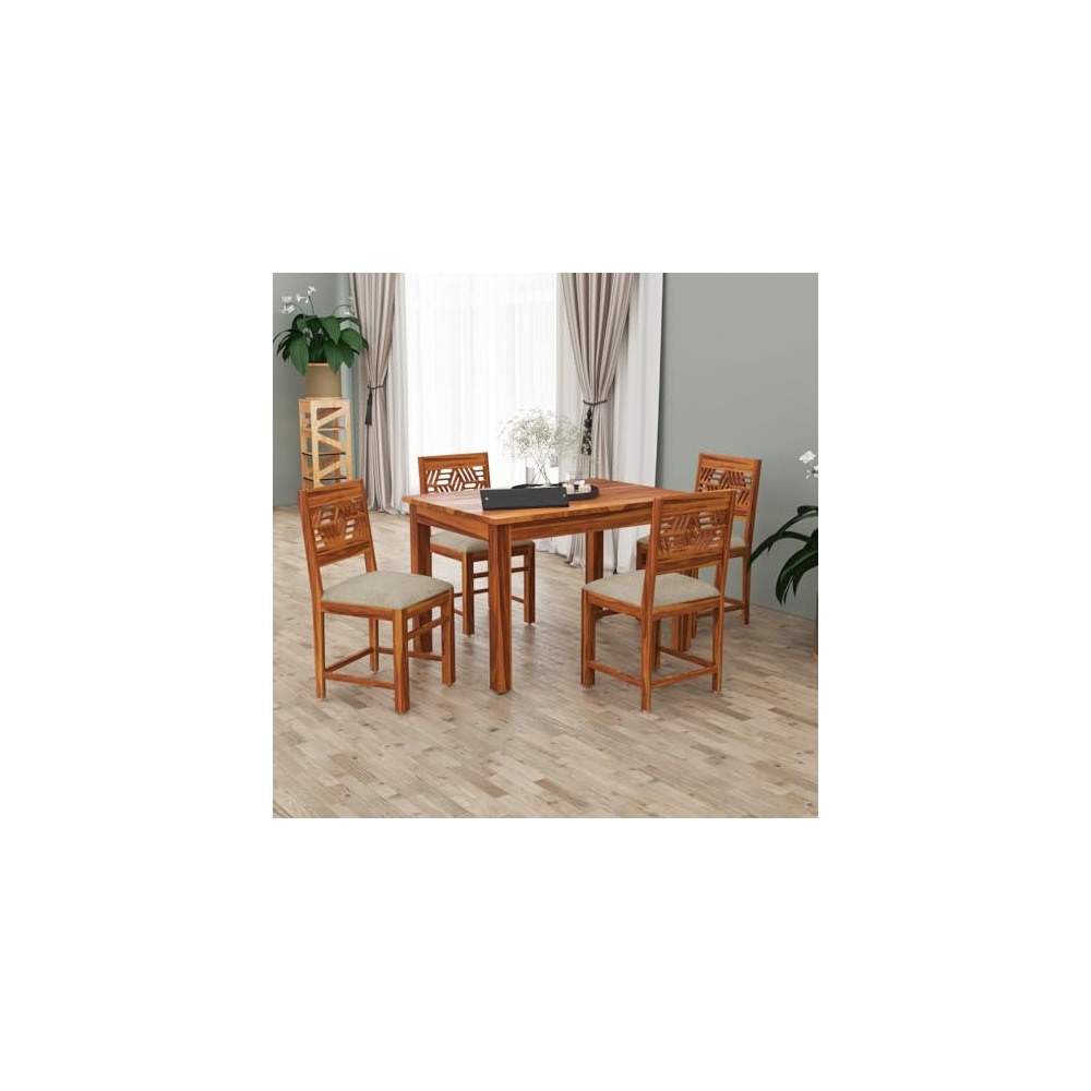 Solid Sheesham Wood 4 Seater Dining Table Set with Cushioned Chairs for ...