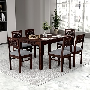 luxury solid sheesham wood 6 seater dining table set with cushioned chairs  wooden 6 seater dining table with 6 chairs  premium home furniture hotels restaurant finish color- walnut-b