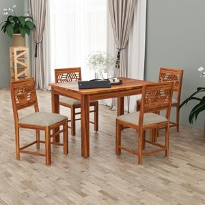 Solid Sheesham Wood 4 Seater Dining Table Set with Cushioned Chairs for ...