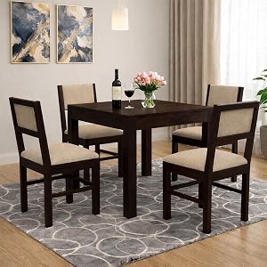 luxury solid sheesham wood 4 seater dining table set with cushioned chairs  wooden 4 seater dining table with 4 chairs  premium home furniture hotels restaurant finish color-mahogany