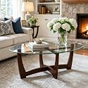 LKTART 48" Oval Glass Coffee Table with Tempered Glass Top Cross and Solid Wood Base Simple & Modern Center Table for Living Room Office Apartment Cherry