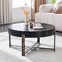 LKTART Round Coffee Table, Mid Century Small Coffee Table with Metal Legs, Wood Coffee Table Accent Center Table for Living Room Apartment Small Space (31.5''D-Black)